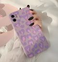 Frosted silicone phone case with purple leopard print and geometric design for Apple iPhone