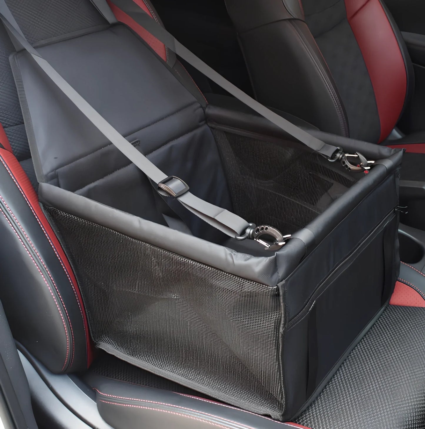 Waterproof pet car mat with headrest straps installed in vehicle, showing storage compartment and dimensions 400x300mm