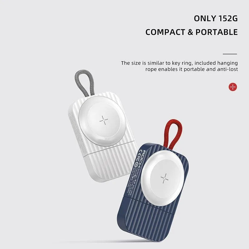White magnetic wireless charger for Apple Watch with Type-C and USB-A interfaces on a desk