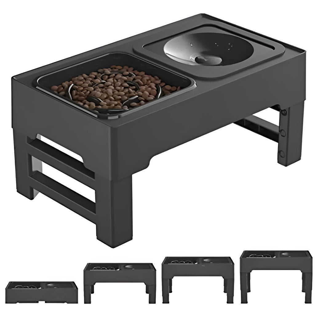 Elevated adjustable dog bowl stand with slow feeder insert and stainless steel water bowl in black or grey