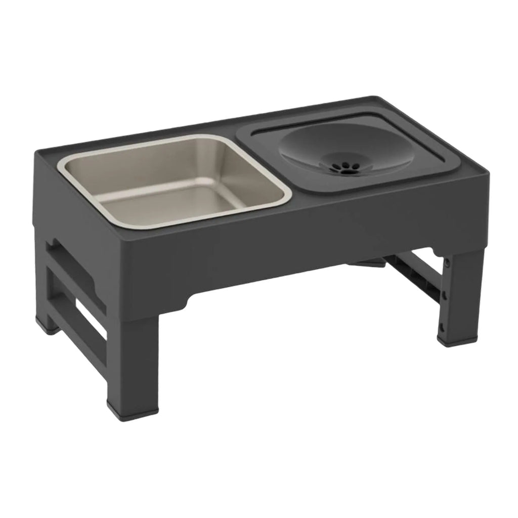 Elevated adjustable dog bowl stand with slow feeder insert and stainless steel water bowl in black or grey
