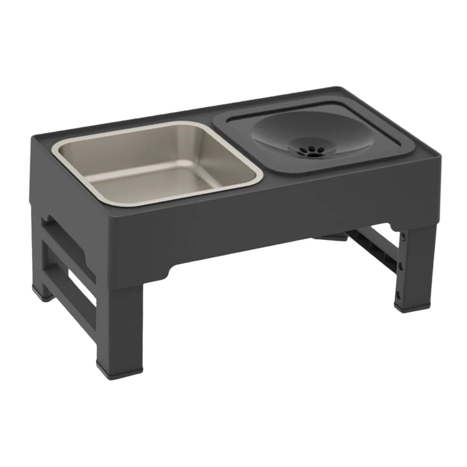 Elevated adjustable dog bowl stand with slow feeder insert and stainless steel water bowl in black or grey