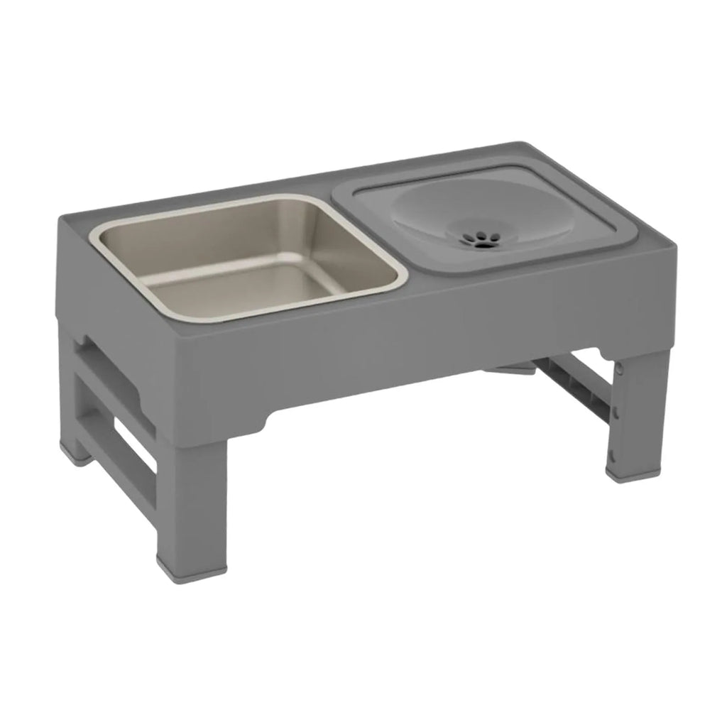 Elevated adjustable dog bowl stand with slow feeder insert and stainless steel water bowl in black or grey