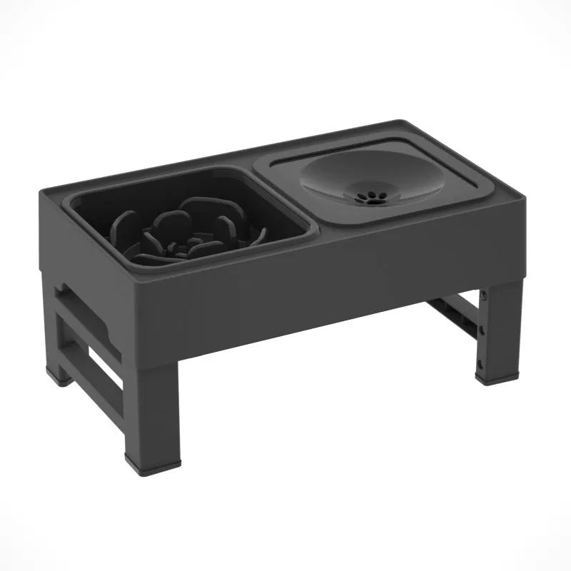 Elevated adjustable dog bowl stand with slow feeder insert and stainless steel water bowl in black or grey