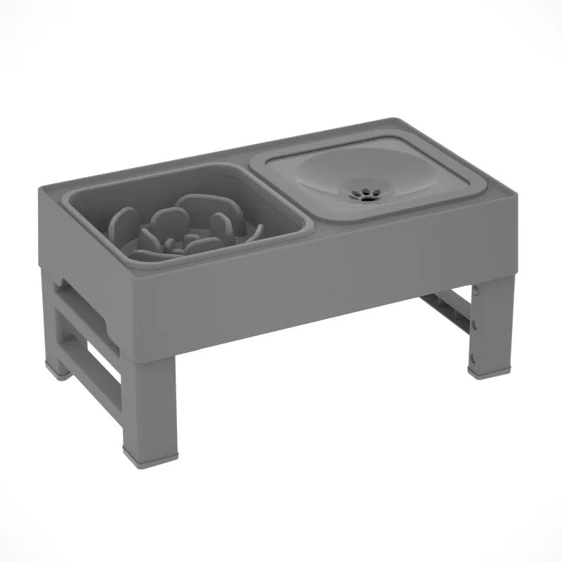 Elevated adjustable dog bowl stand with slow feeder insert and stainless steel water bowl in black or grey