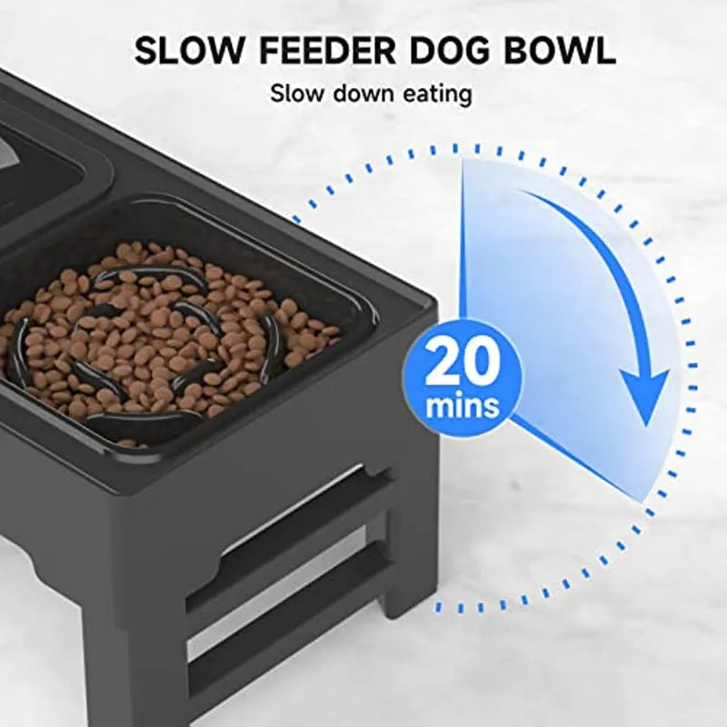 Elevated adjustable dog bowl stand with slow feeder insert and stainless steel water bowl in black or grey