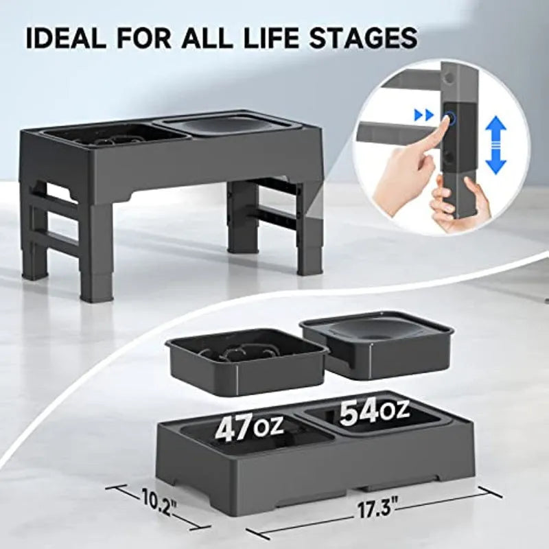 Elevated adjustable dog bowl stand with slow feeder insert and stainless steel water bowl in black or grey