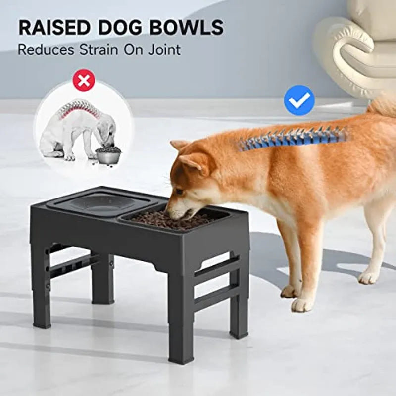 Elevated adjustable dog bowl stand with slow feeder insert and stainless steel water bowl in black or grey