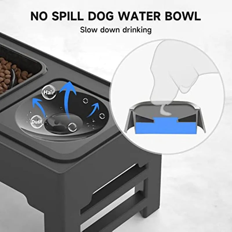 Elevated adjustable dog bowl stand with slow feeder insert and stainless steel water bowl in black or grey