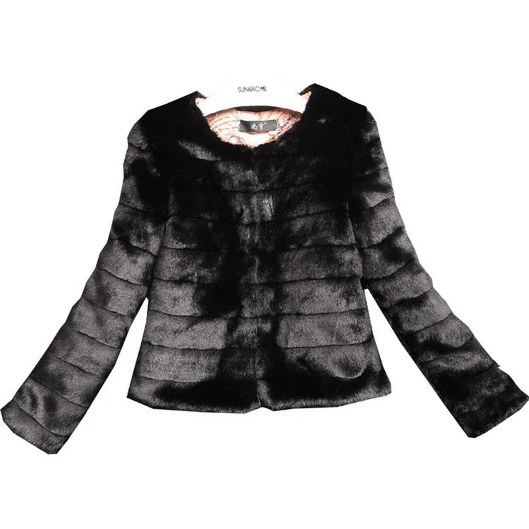 Women's short white faux fur top with regular sleeves, shown on a hanger.
