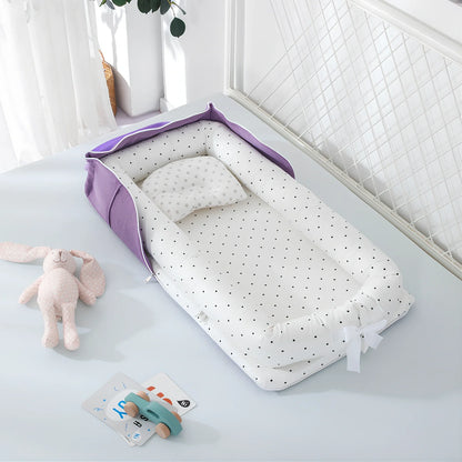 Foldable cotton portable baby crib in Animal World Blue, 90x50 cm with pillow and strap, weighing 1.3 kg