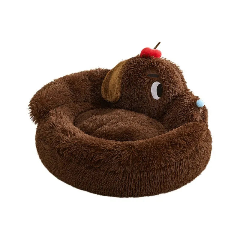 A grey plush sofa-style pet bed with high bolsters on three sides, shown in two sizes.