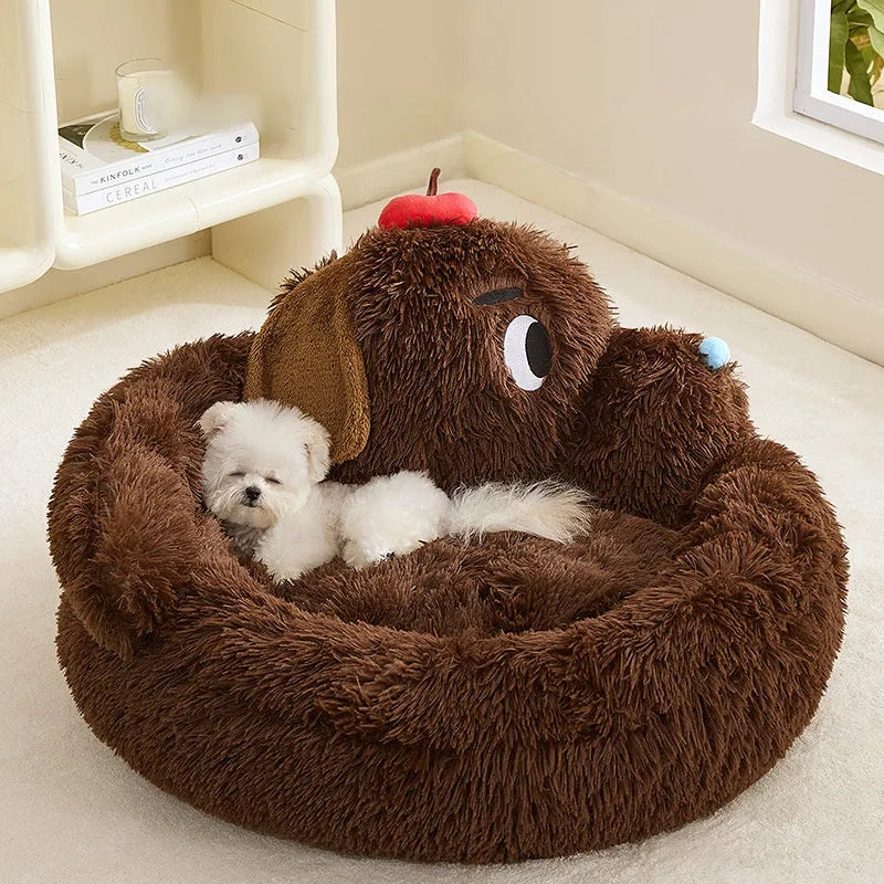 A grey plush sofa-style pet bed with high bolsters on three sides, shown in two sizes.