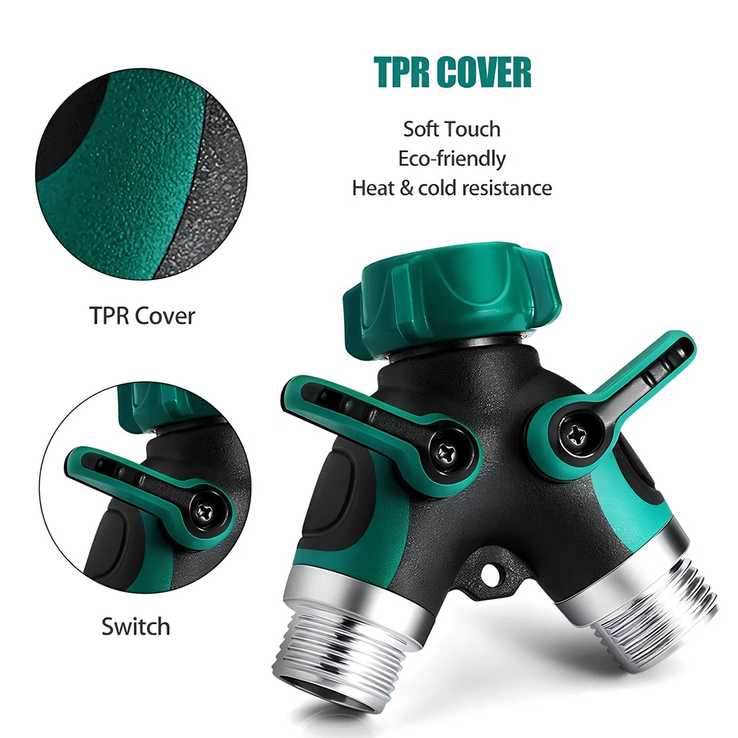 Green Y-type double-pass splitter, 94x91x55mm plastic body with zinc alloy outlets and seals for garden hose connections