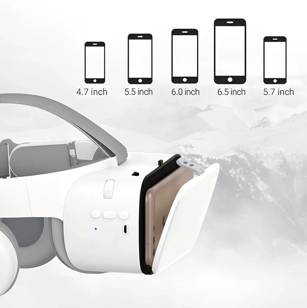 White BOBO Z6 VR Bluetooth headset with resin frame, adjustable straps, and optional controller for 3D smartphone viewing