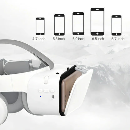 White BOBO Z6 VR Bluetooth headset with resin frame, adjustable straps, and optional controller for 3D smartphone viewing