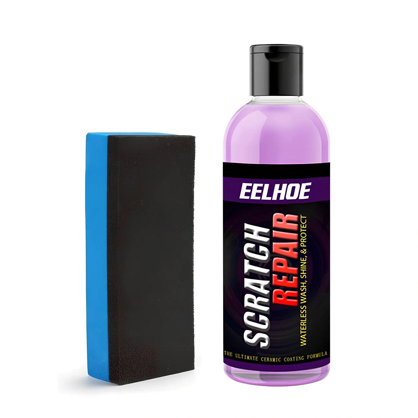 Blue bottle of 100ml car scratch repair fluid spraying on scratched vehicle panel, showing shine restoration