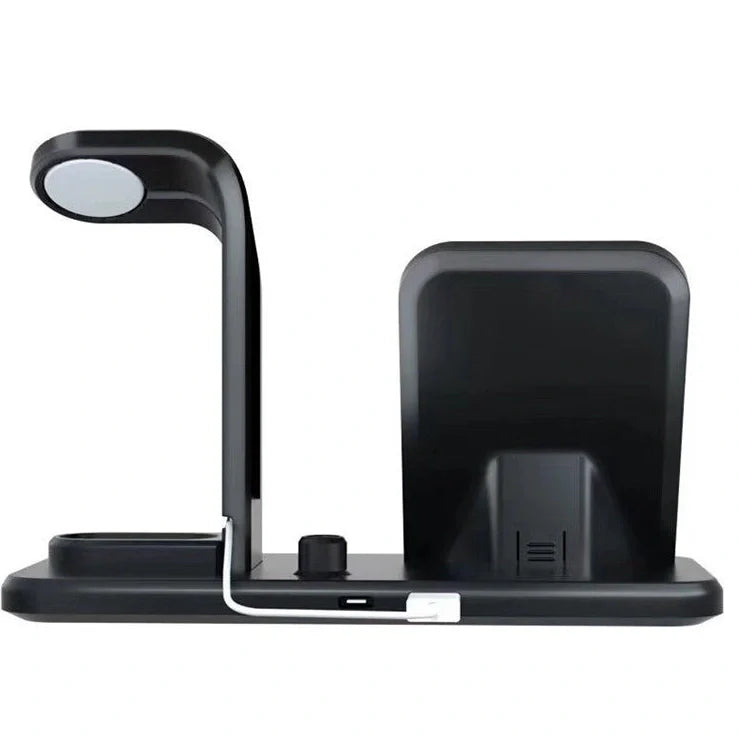 Black wireless charger bracket showing phone charging position with 10W output and dual USB ports