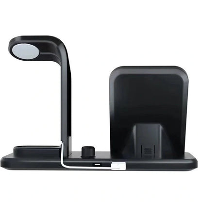 Black wireless charger bracket showing phone charging position with 10W output and dual USB ports