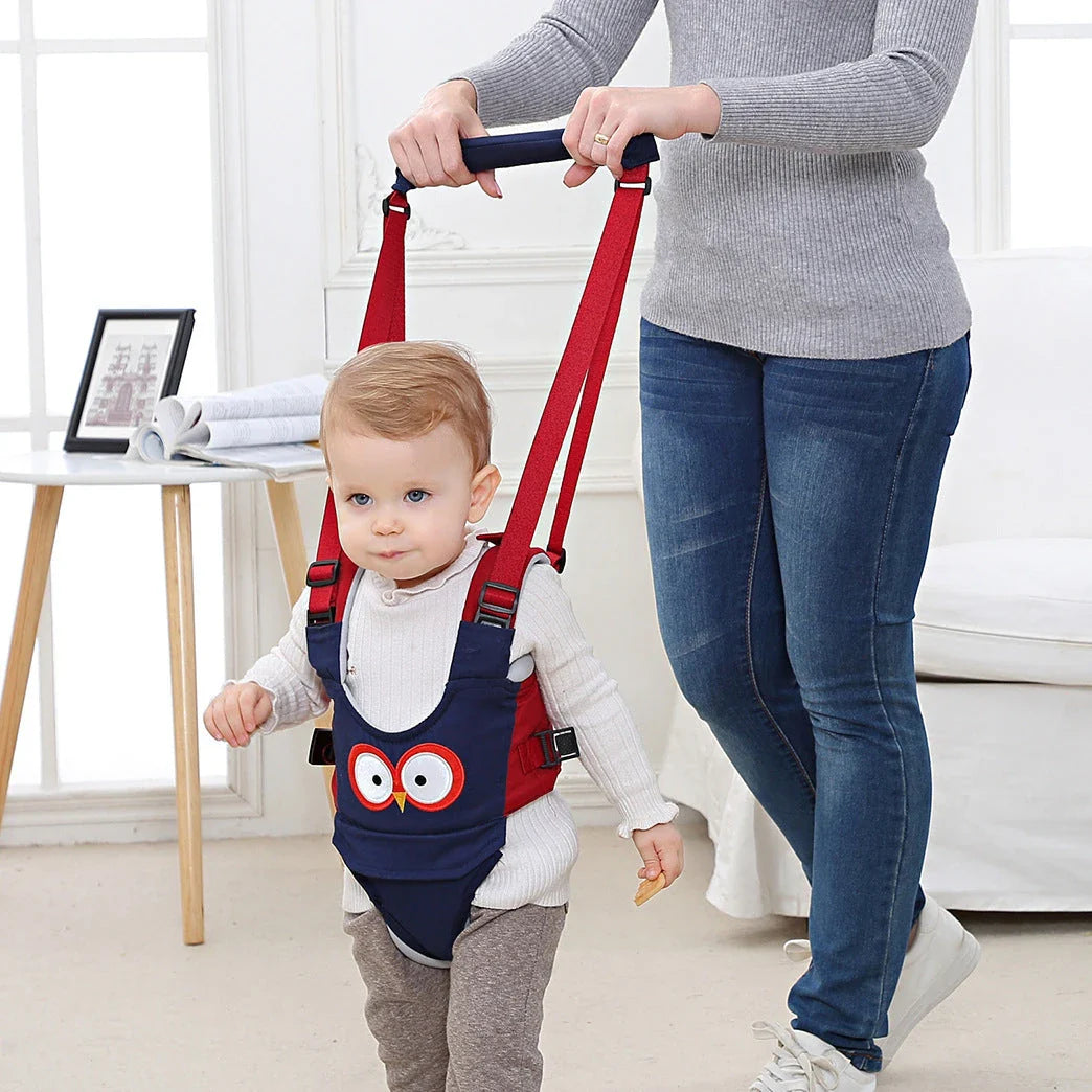 Hands-free baby walking harness in various colors, designed to support and guide toddlers during the early walking stages