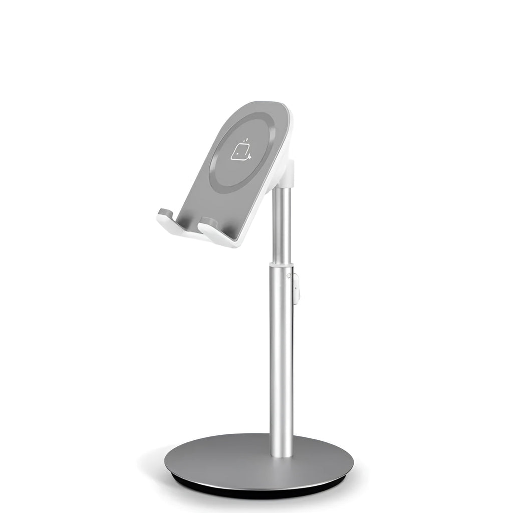 Silver metal computer phone holder on desktop with tablet showing 3-11 inch compatibility