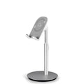 Silver metal computer phone holder on desktop with tablet showing 3-11 inch compatibility