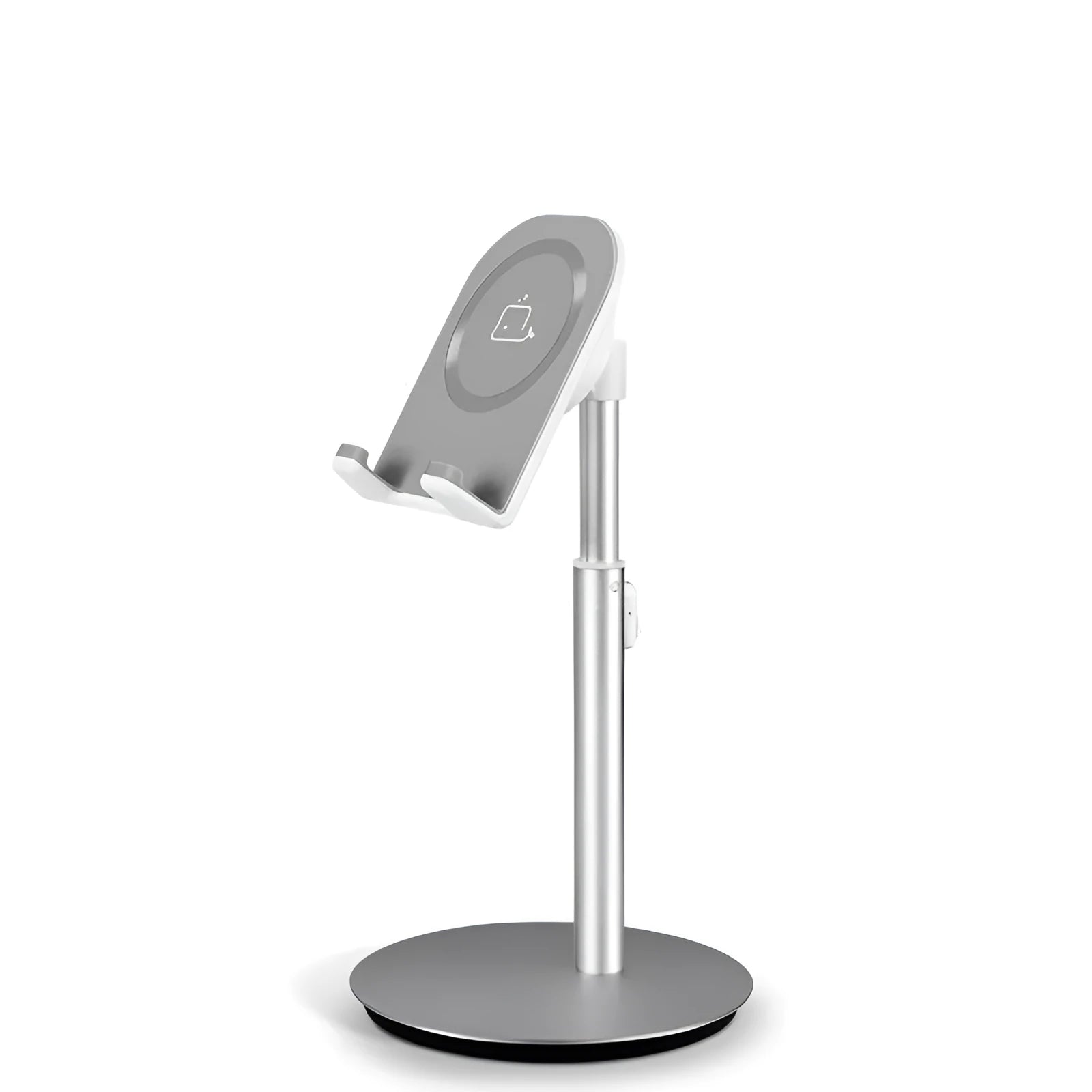 Silver metal computer phone holder on desktop with tablet showing 3-11 inch compatibility