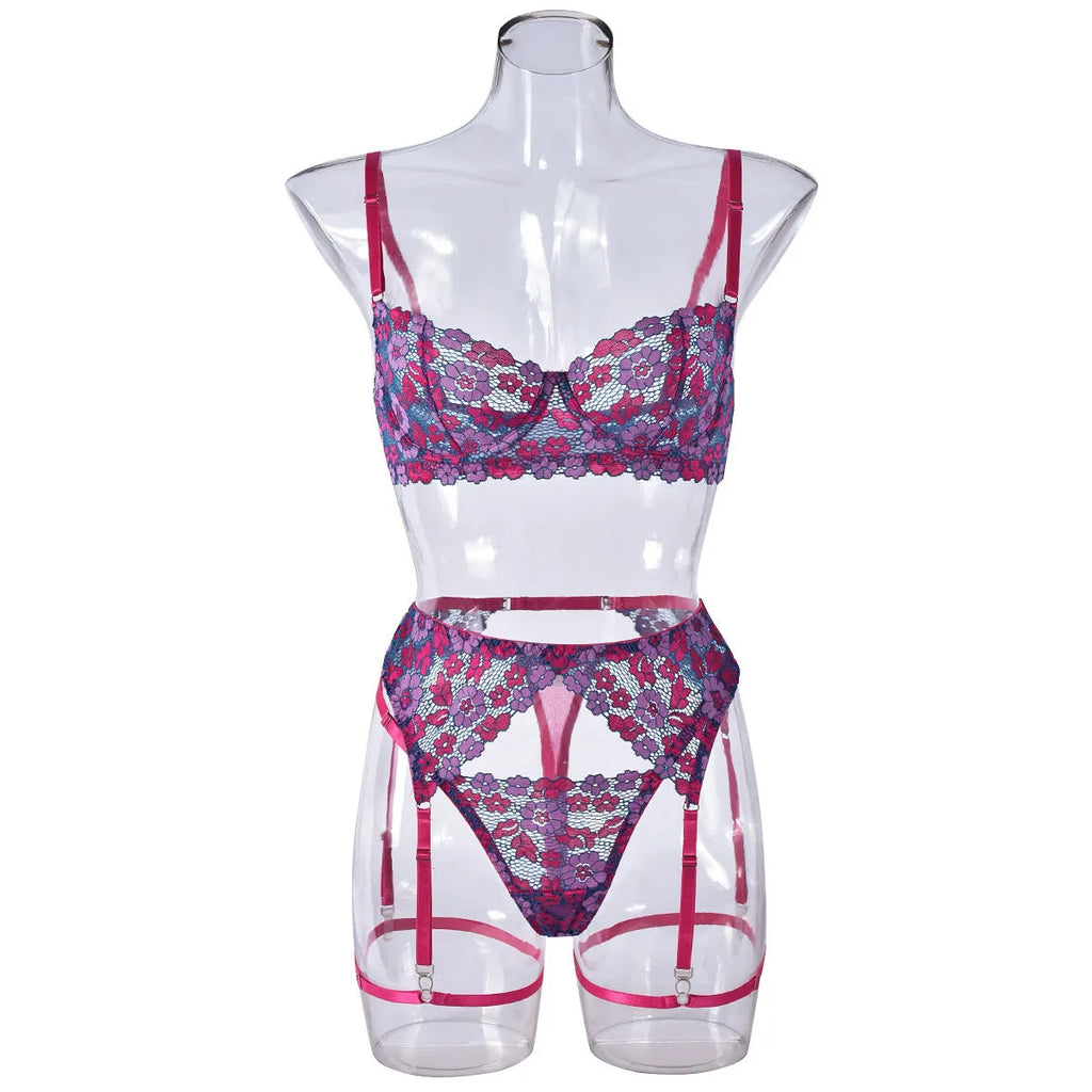 Rose red women's bikini with contrast colour embroidery, polyester swimwear set