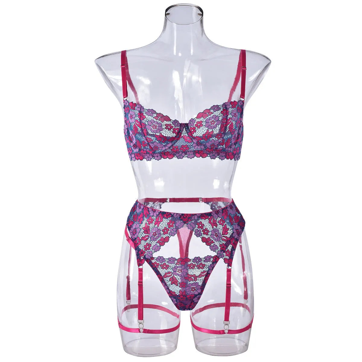 Rose red women's bikini with contrast colour embroidery, polyester swimwear set