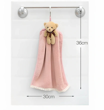 Beige coral velvet dish towel with embroidery, 30cm x 60cm, hanging loop for absorbent drying in kitchen or bathroom