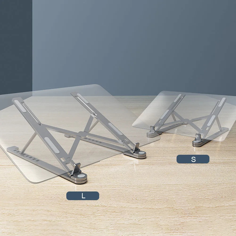 Foldable aluminium laptop stand in silver colour supporting a laptop, shown in open and closed positions.