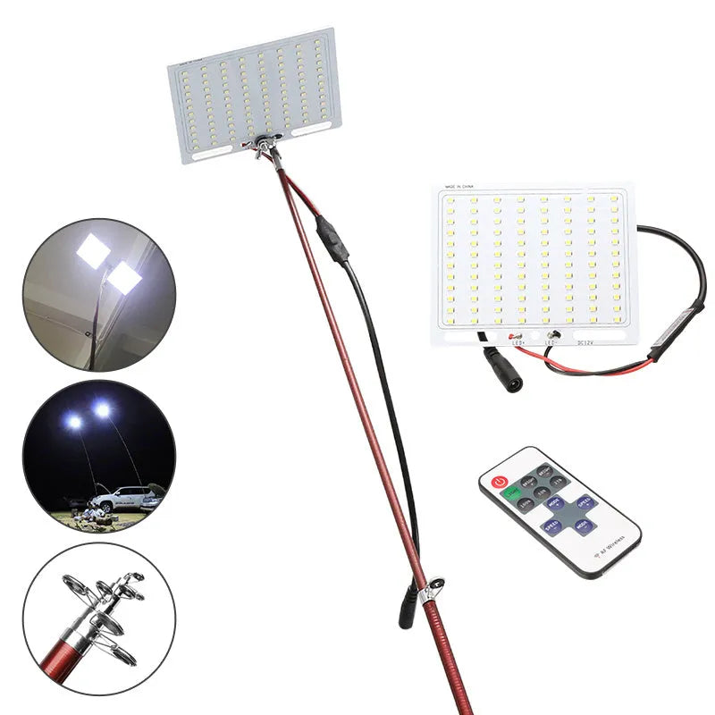 White LED fishing rod light unit with telescopic pole and remote control for outdoor use