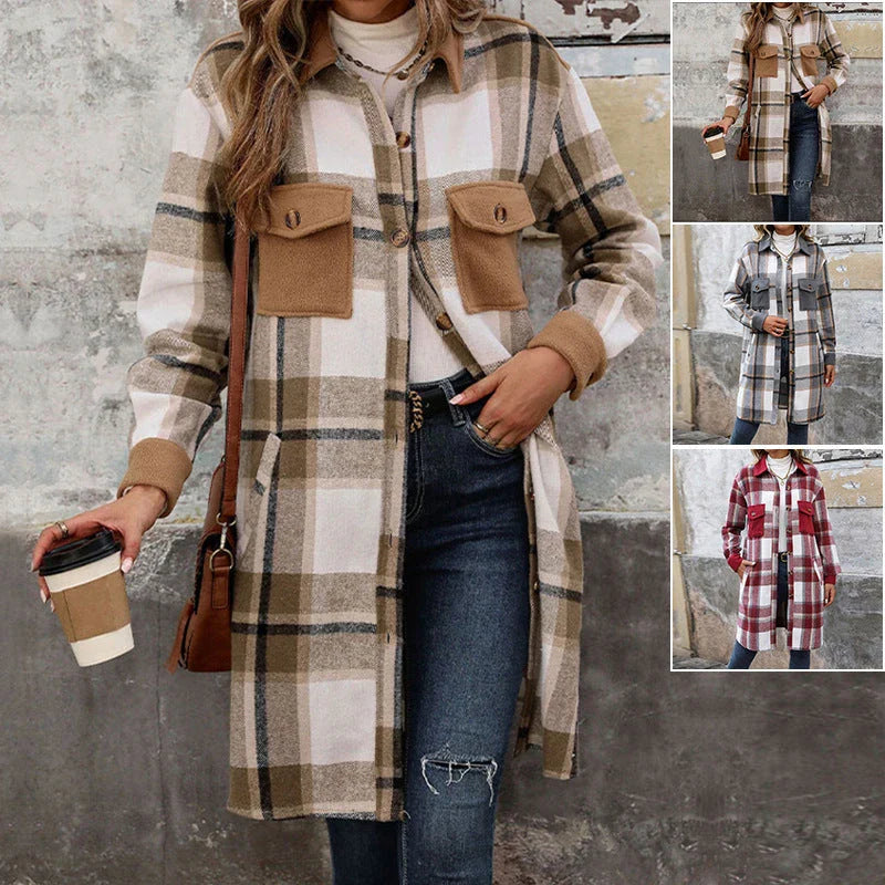 Stylish women's brushed plaid long coat with pockets, available in coffee, grey, and wine red colors