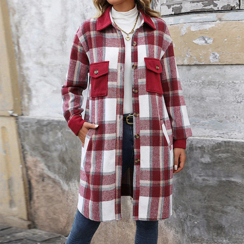 Stylish women's brushed plaid long coat with pockets, available in coffee, grey, and wine red colors