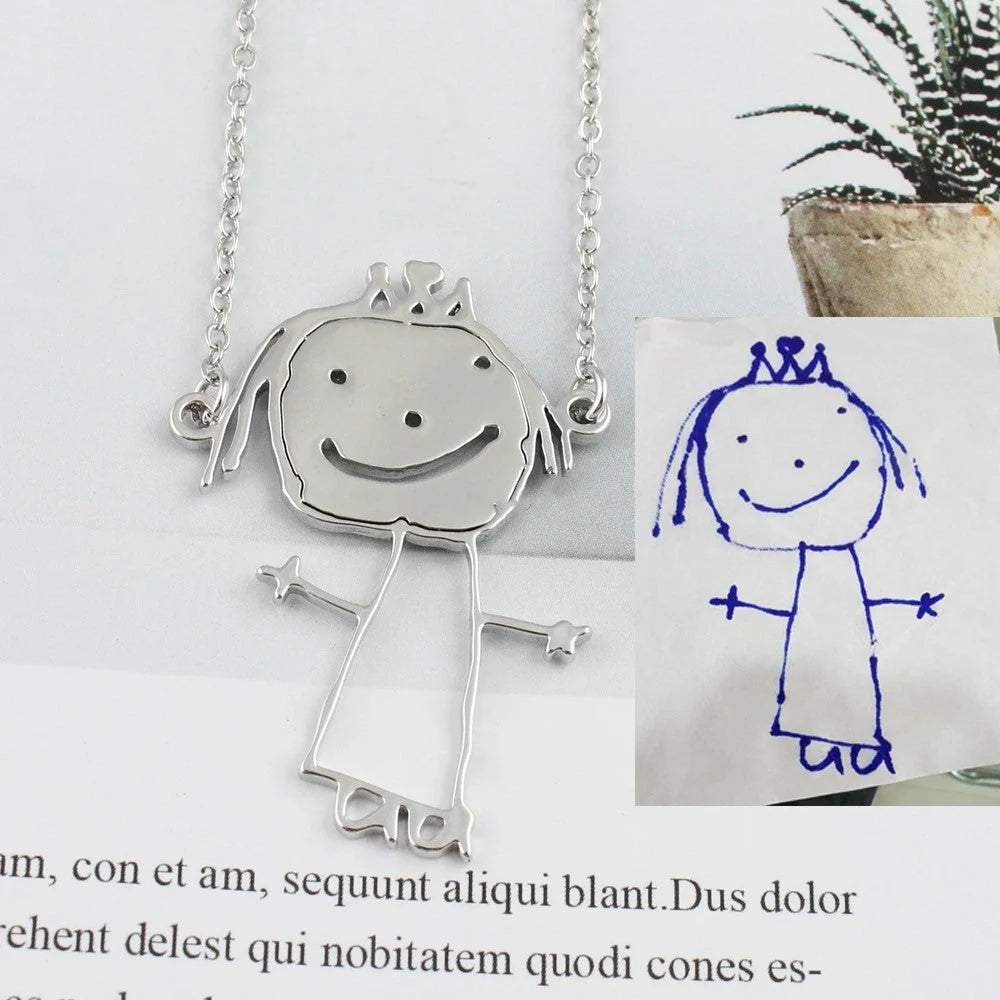 Custom stainless steel children's artwork necklace with gold, silver, and rose gold options