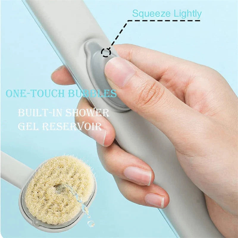 Multifunctional detachable shower brush in yellow, grey, green, and pink with ergonomic handle