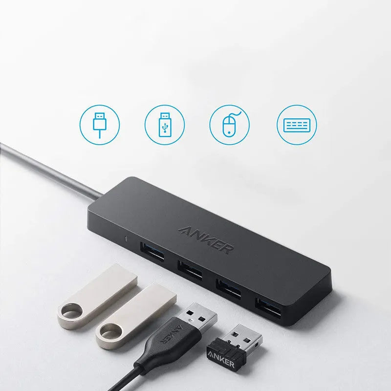 Black Anker 4-port USB 3.0 hub with 20cm cable showing compact 30x107mm dimensions