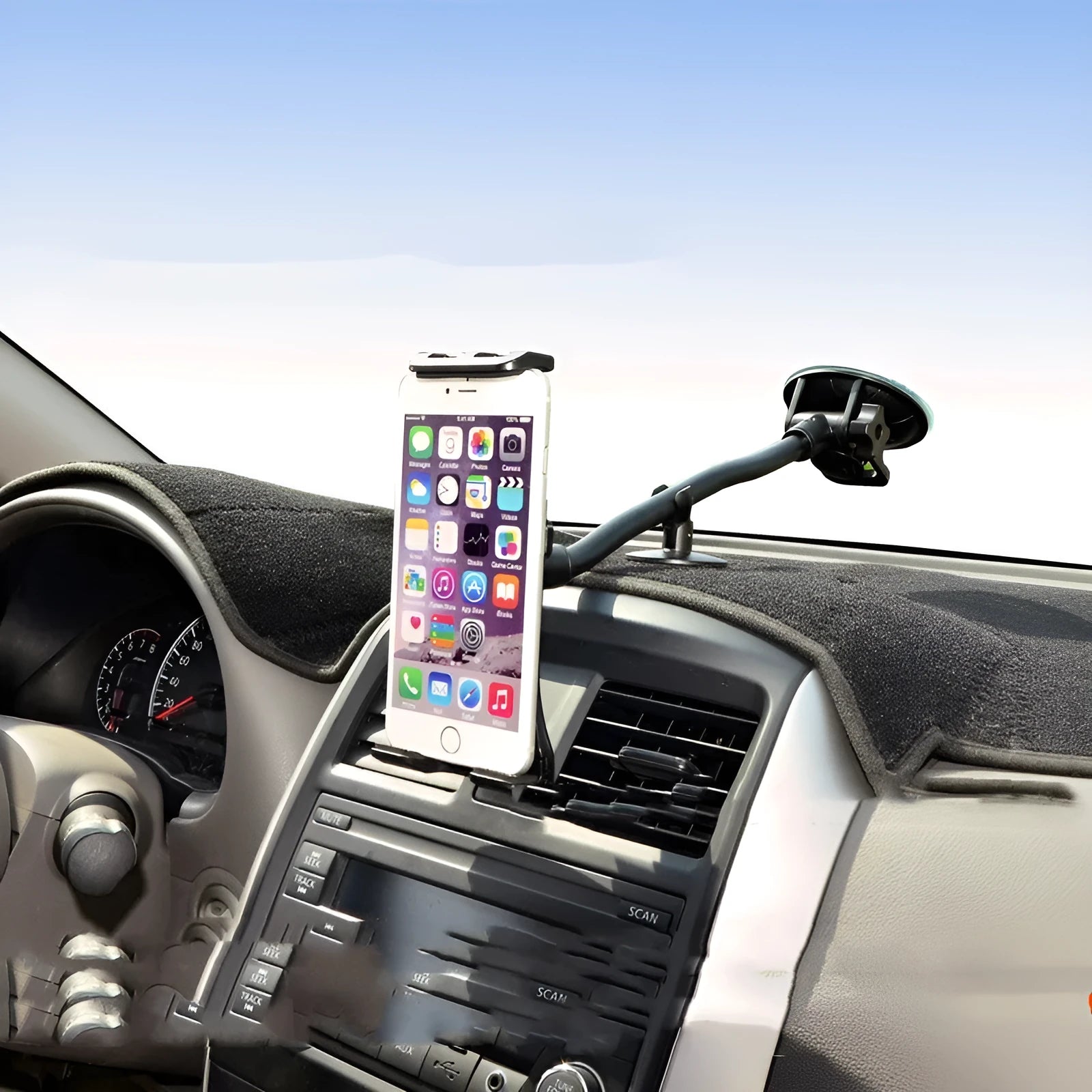 Black universal vehicle-mounted tablet holder with lifting bracket and long suction cup for 4-12 inch devices.
