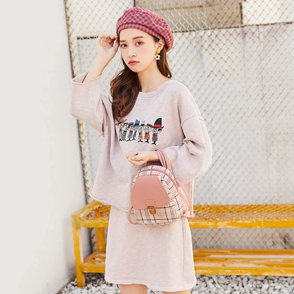 Ladies plaid small backpack in various colors, showing front and side views