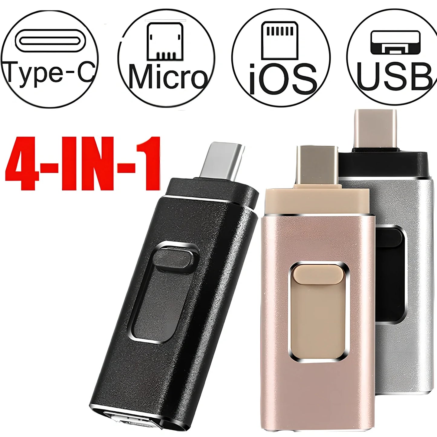 Black 4-in-1 USB key showing Lightning Type-C USB ports, 67.5mm size for iPhone Android storage 8GB-512GB