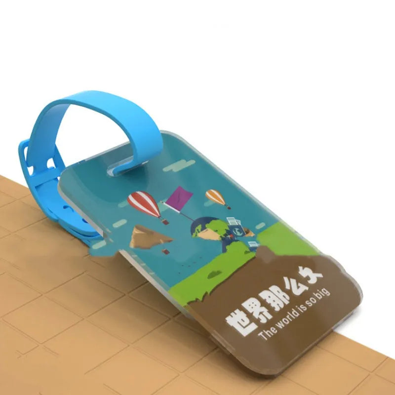 Custom acrylic luggage tag with picture insert, 80x50mm, on a travel suitcase