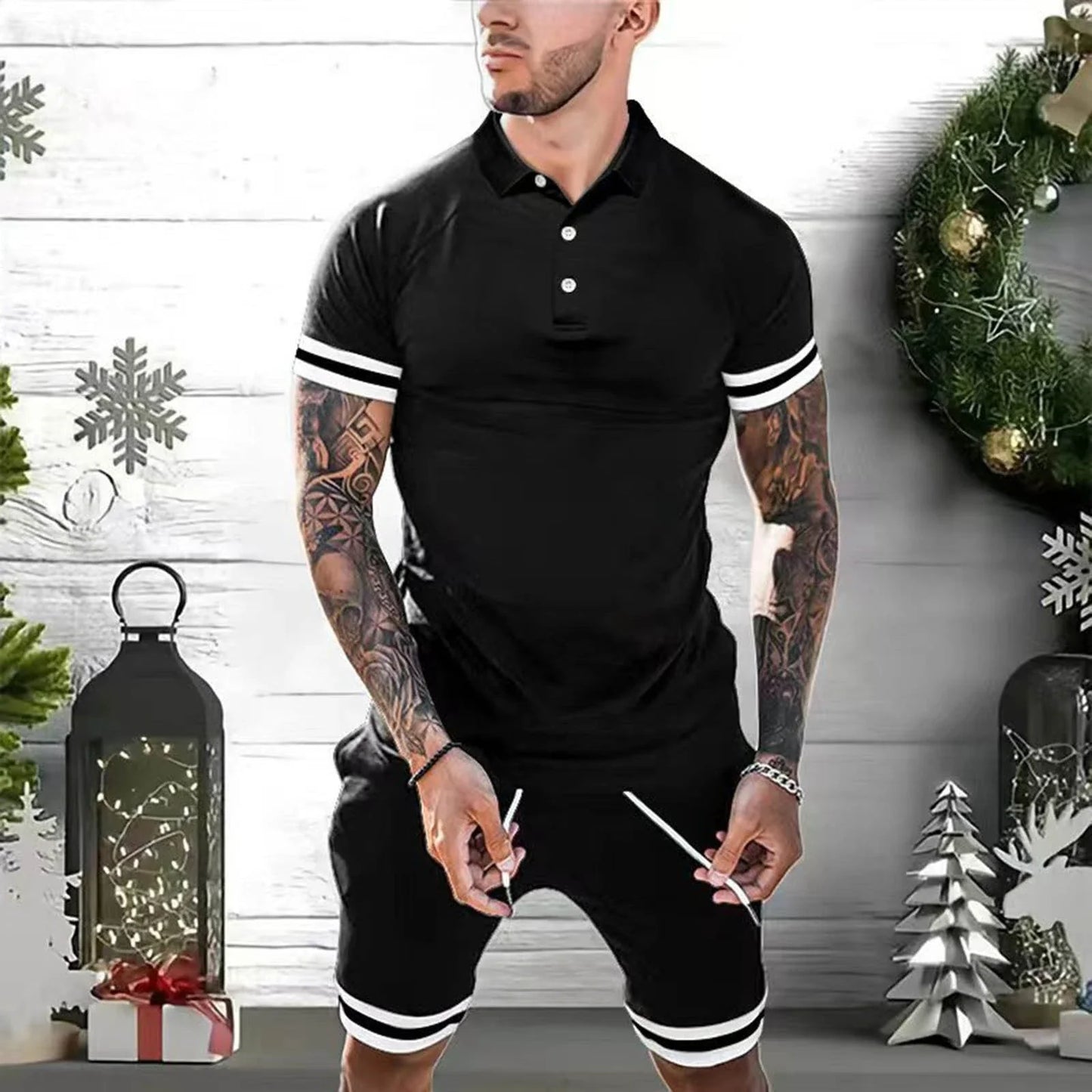 Stylish men's casual summer outfit with polo shirt and matching shorts in various colors