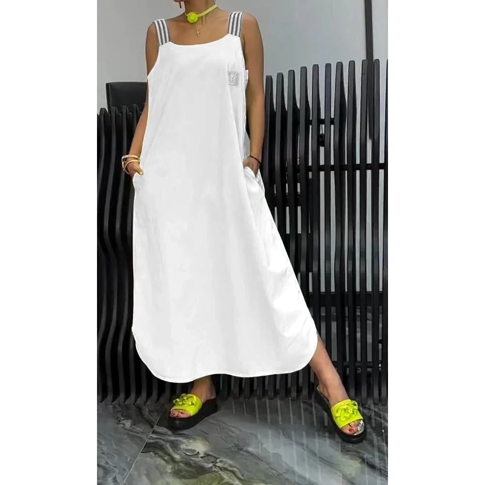 Casual cotton and linen pocket striped shoulder strap skirt in various colours