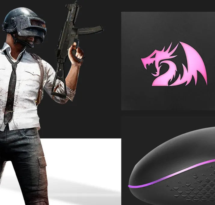 Black wired gaming mouse with nine buttons and four-way scroll wheel on a desk