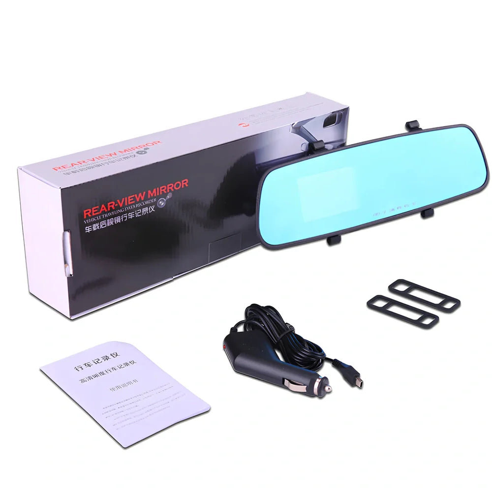 1080P HD rearview mirror driving recorder with 30cm x 8cm size, dual lenses, and motion detection display