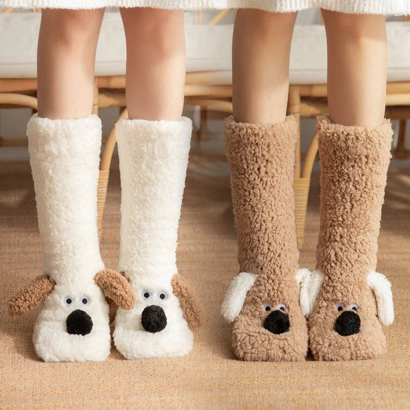 Adorable cartoon dog design plush socks for women, warm and non-slip, perfect for winter.
