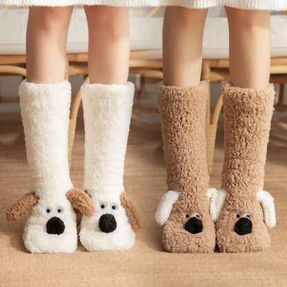 Adorable cartoon dog design plush socks for women, warm and non-slip, perfect for winter.
