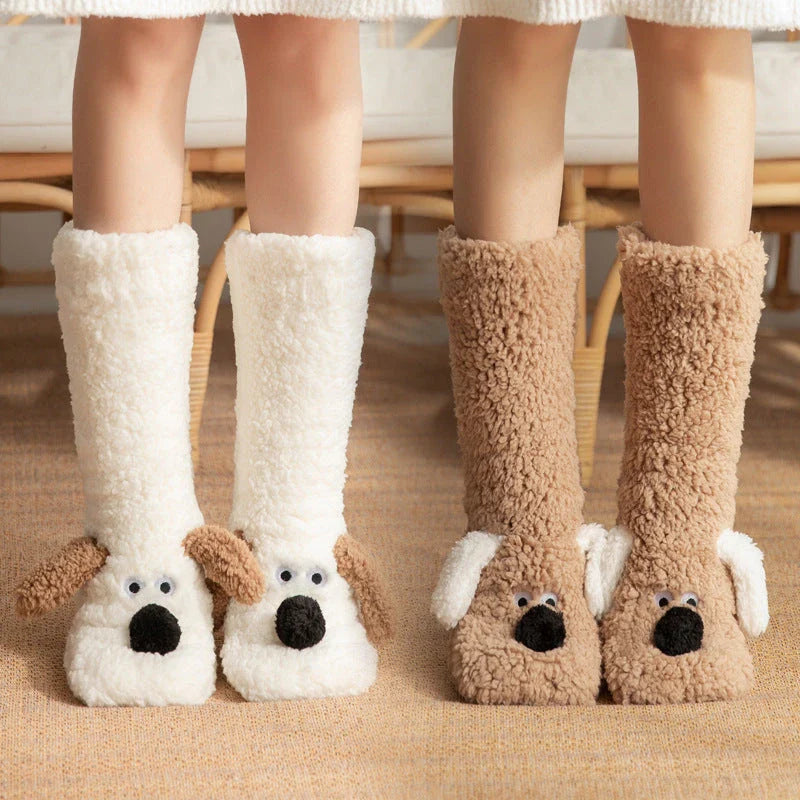 Cozy cartoon dog-themed socks in a variety of vibrant colors, perfect for keeping feet warm and comfortable during the winter season.