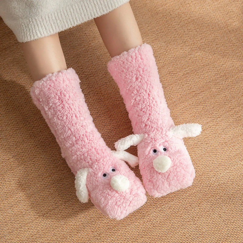 Adorable cartoon dog design plush socks for women, warm and non-slip, perfect for winter.