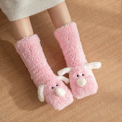 Adorable cartoon dog design plush socks for women, warm and non-slip, perfect for winter.